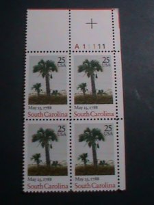 ​UNITED STATES-1988-SC# 2343 SOUTH CAROLINA MNH PLATE BLOCK OF 4 VERY FINE
