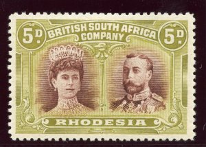 Rhodesia 1910 KGV Double Head 5d brown-purple & olive-green MLH. SG 141. Sc 107.
