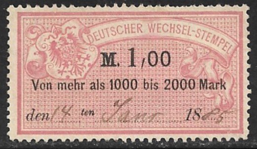 GERMANY 1882 1,00m Bill of Exchange Revenue Erler No. AJ87B VFU