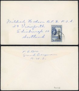 Cayman Islands 1953 4d single franking on FIRST DAY COVER to Scotland