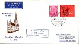 SCHALLSTAMPS GERMANY BELGIUM 1958 LUFTHANSA FIRST FLIGHT CACHET AIRMAIL COVER