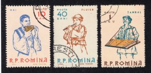 Romania 1961 10b, 40b & 1 l Folk Instruments, Scott 1436, 1438, 1441 used