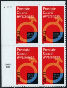 SC#3315 33¢ Prostate Cancer Awareness Plate Block: UL #V11121 (1999) SA