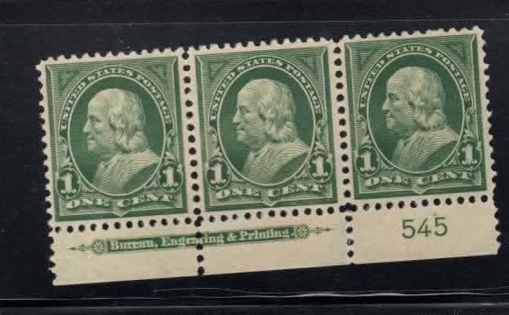 279 mint left side strip of 3 plate number 545 no gum