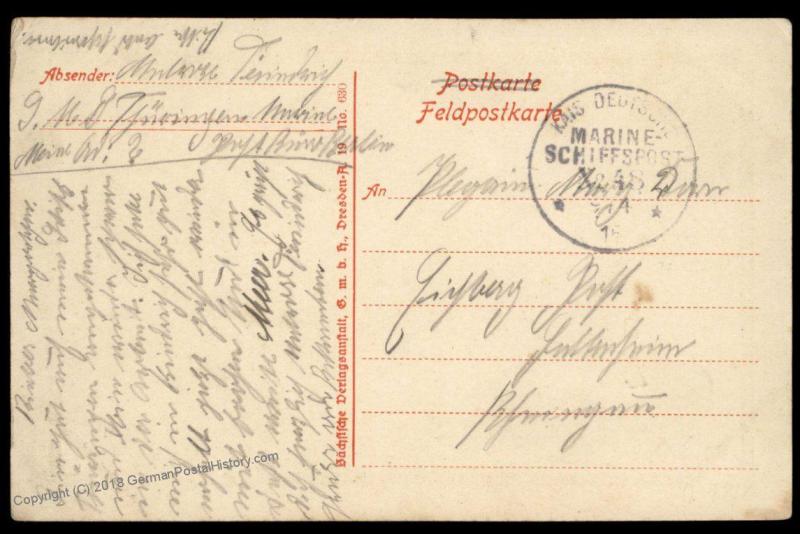 Germany 1915 WWI Navy SMS Thueringen MSP48 Feldpost Cover Marineschiffspos 88255