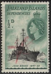 Falkland Islands Dependencies 1L19 (used) ½p RRS John Biscoe, blue grn (1954)