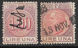 ITALY 1921 1L+1L Tassa Di Bollo Lusso e Scambi Stamp Duty Revenue R33L&R Used