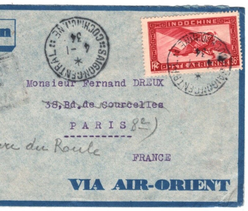 France INDOCHINA Air Mail 1934 Cover COURRIER RAPIDE EMERAUDE Saigon Paris MA537