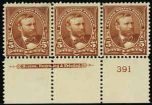 270, Mint F/VF OG NH Imprint & PL# Strip of Three Cat $375.00 - Stuart Katz