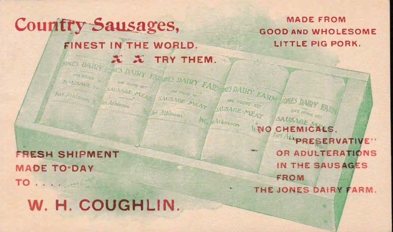 United States Oct. 9 1902 UX18 All Over Color Advertising Card.  Sausages  Wisc.