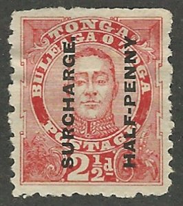 Tonga, 1895, Scott #33 mint, hinged, fine-very fine, 1/2p on 2 1/2p red