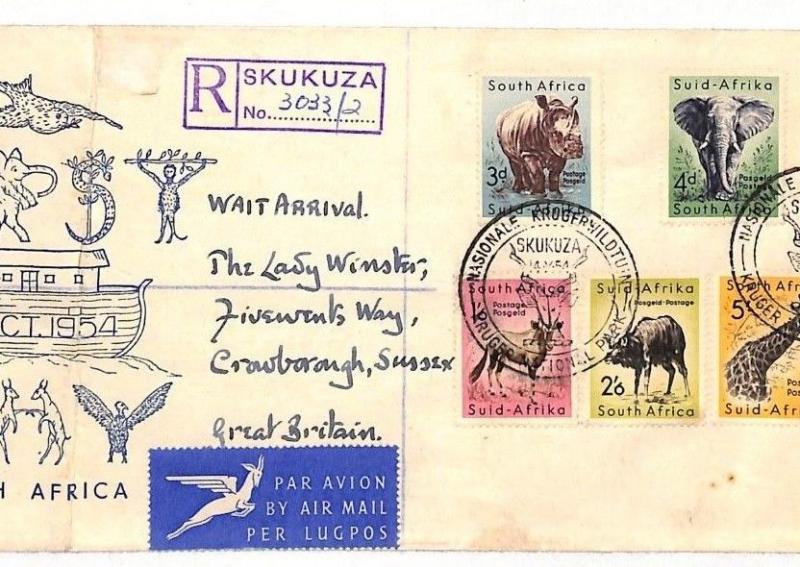 AH215 1954 SOUTH AFRICA *Skukuza* ANIMALS ISSUE FDC High Values{samwells-covers}