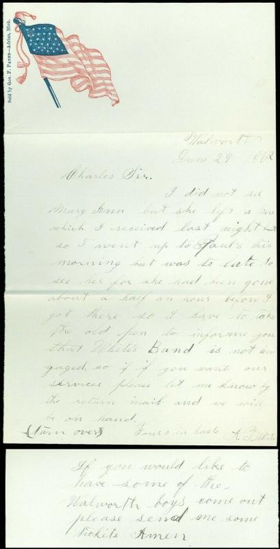 1862 CIVIL WAR PATRIOTIC, EAGLE FLAG SHIELD, NOT A STAR MUST FALL Slogan, LETTER