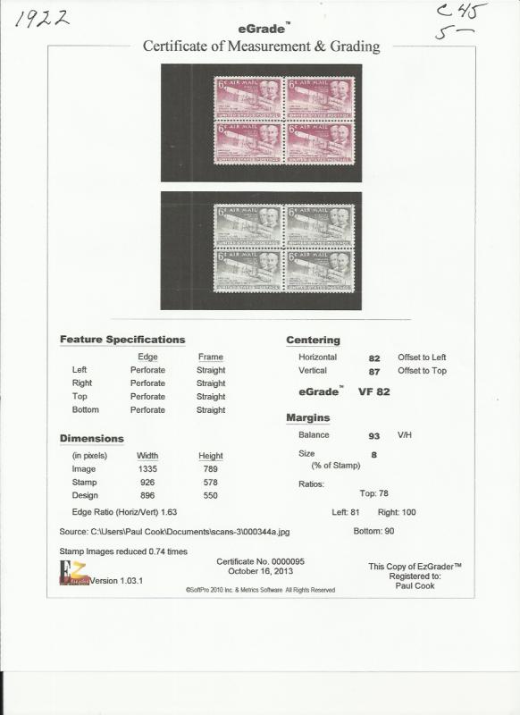 # C45 MINT NEVER HINGED WRIGHT BROTHERS VF+