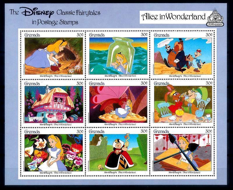 GRENADA - 1987 - DISNEY -  ALICE IN WONDERLAND - FAIRY TALES - MINT - SHEET!