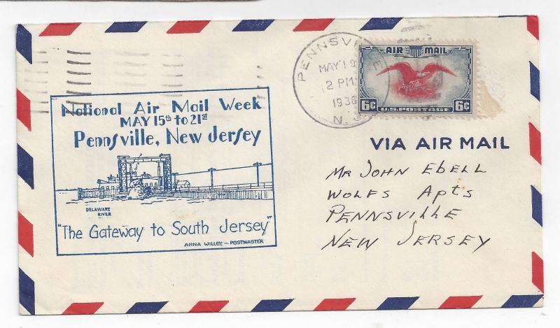 National Air Mail Week 1938 Cover NAMW Pennsville NJ C23