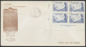 1957 #370 David Thompson FDC Plate Block Windermere HS Cachet Calgary CDS