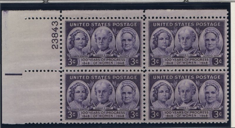 US, 959, MNH, PLATE BLOCK, 1948, PROGRESS OF WOMEN