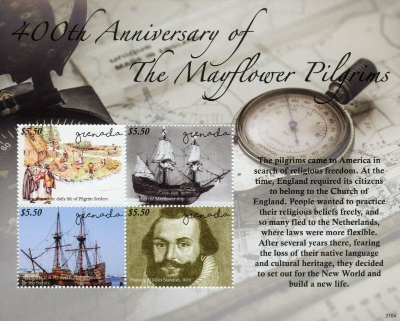 Grenada Ships Stamps 2021 MNH Mayflower Pilgrims 400th Anniv Exploration 4v M/S