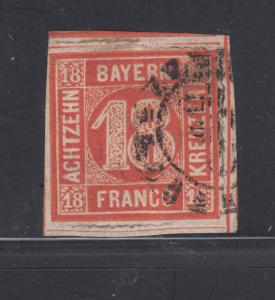 Bavaria Sc 14 used 1862 18kr vermilion red Numeral, partial millwheel cancel