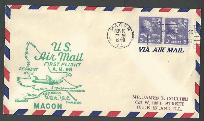 1949 COVER PREXY #842 HORIZONTAL COIL PAIR = 6c AIRMAIL COVER