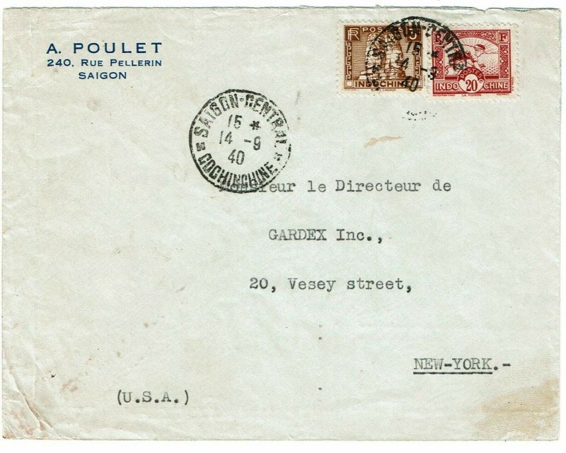 Indochina 1940 Saigon SE 14 cancel on cover to U.S., 8 days before occupation