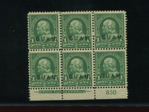 Guam Scott 1 Overprint Mint Plate Block of 6 Stamps  (Stock Guam 1-pb 1)