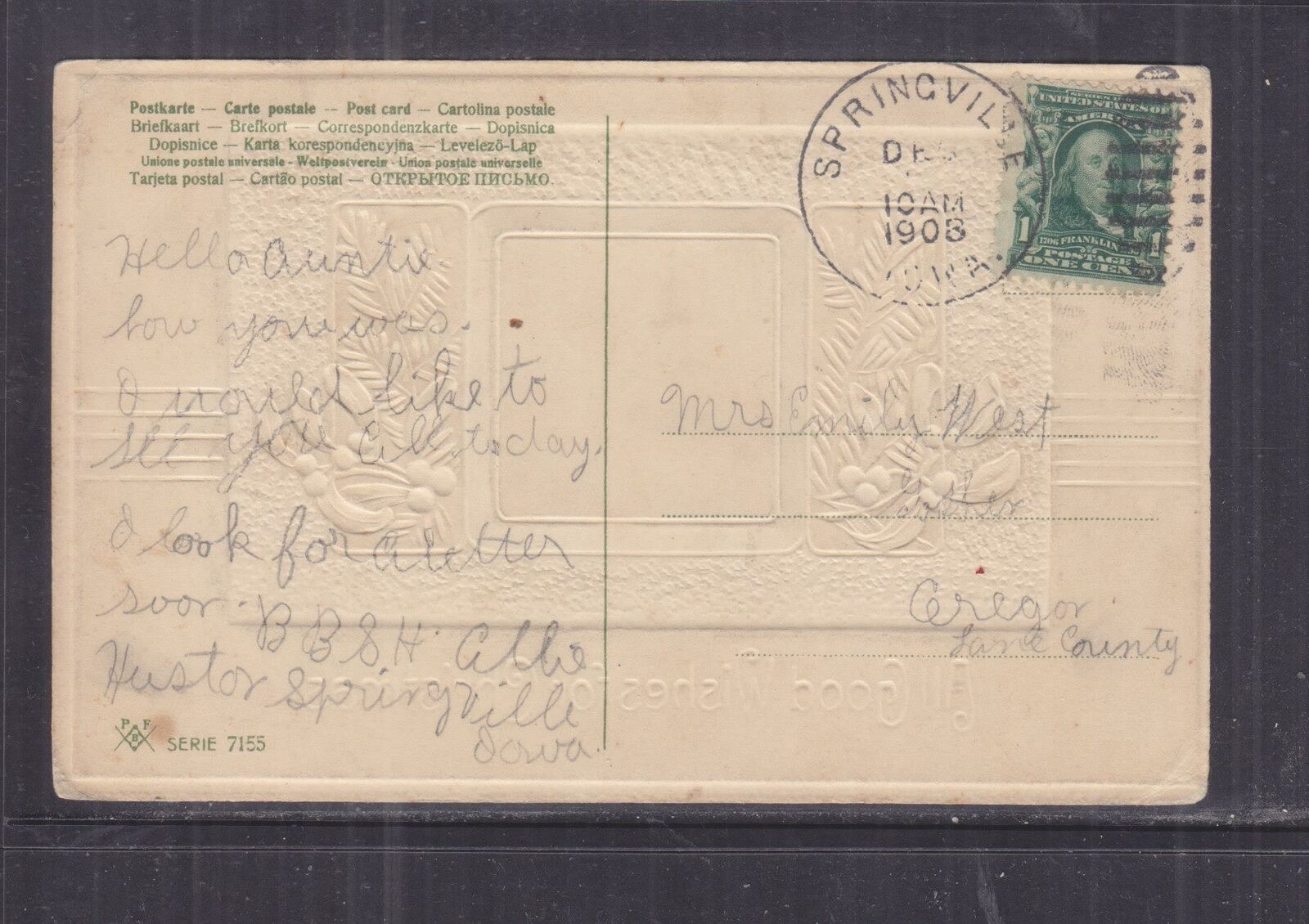 SPRINGVILLE, IOWA,1908 Xmas ppc., 1c. to Gregor, Iowa. United States