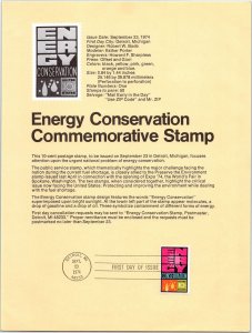 USPS SOUVENIR PAGE ENERGY CONSERVATION COMMEMORATIVE STAMP 1974