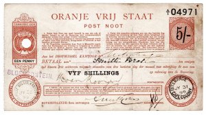 (I.B) Orange Free State Revenue : Postal Order 5/- (Afrikaans)