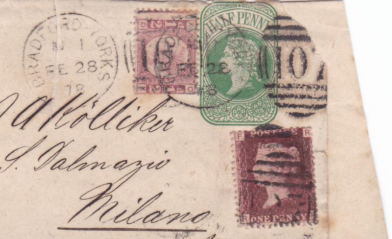 bradford to italy 1878 1 and  ½ penny stamps on cover ref r15254