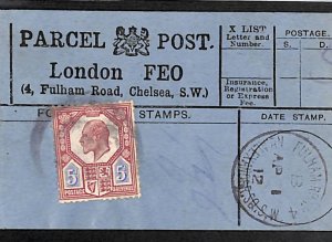 GB Chelsea PARCEL POST LABEL *4 Fulham Road* London 1912 CDS KEVII 5d QB24