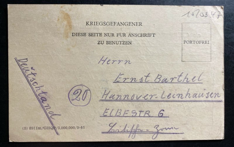 1947 German POW Prisoner Of War British MEF Camp Postcard Cover To Hannover