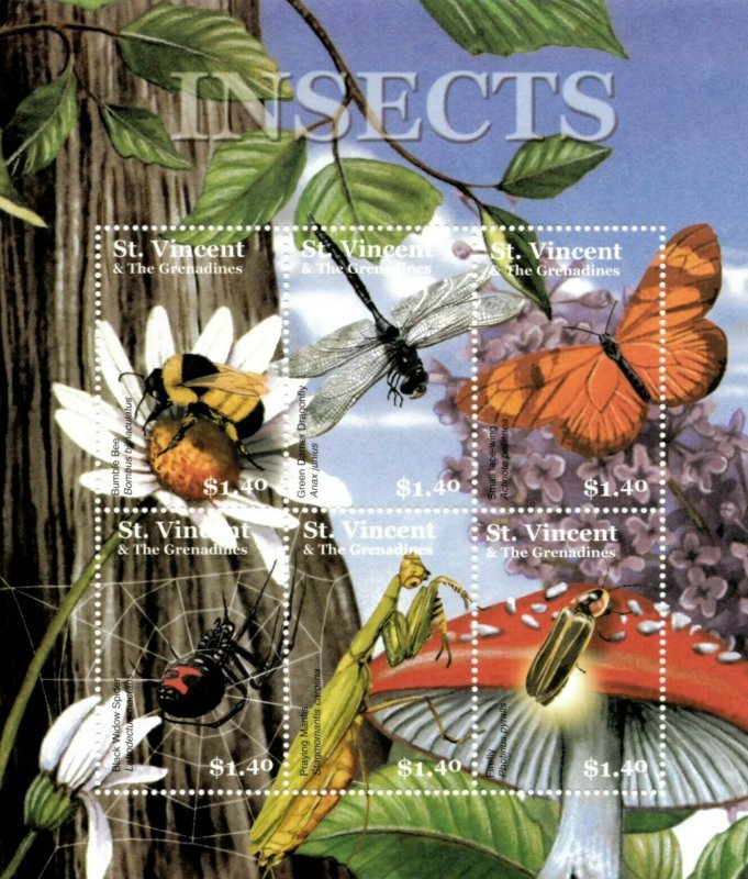 St. Vincent 2001 - SC# 2904-9 Insects, Butterfly, Bee - Sheet of 6 Stamps - MNH