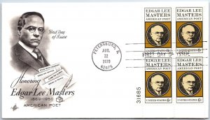 US FIRST DAY COVER EDGAT LEE MASTERS AMERICAN POET PLATE BLOCK OF (4) 1970