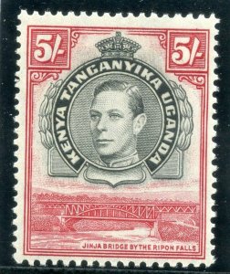 K.U.T. 1944 KGVI 5s black & carmine (p13¼x13¾) MLH. SG 148b. Sc 83.