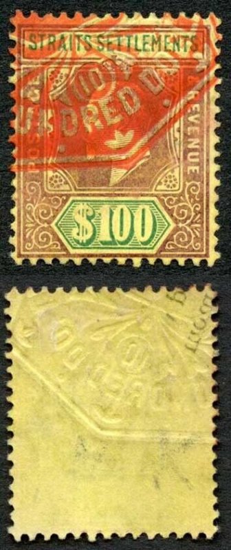 Straits Settlements SG140 KEVII 100 dollars Wmk Mult Crown CA Red Fiscal Cancel