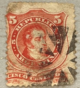 Argentina 18 / 1867-1868 5c Vermillion Rivadavia Stamp, Used, Fancy Cancel