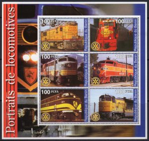 Benin 2002 LOCOMOTIVES TRAINS - ROTARY EMBLEM Sheetlet (6) Perforated MNH