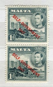 MALTA; 1947 early GVI SELF-GOVT Opt. issue fine Mint hinged Pair, 1d.