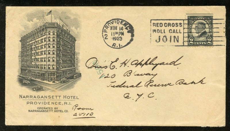 U.S. Scott 610 on 1923 Ad Cover for the Narragansett Hotel in Providence, RI 