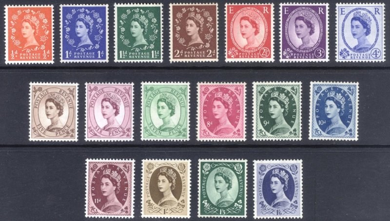 GB 1952 1/2d-1/6 QEII Wmk Tudor Crown Scott 292-308 SG 515-531 MNH Cat $107