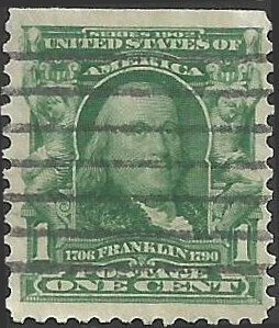 # 300 Blue Green Used Unknown Ink Upper Left Ben Franklin
