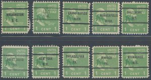 US 804 1 cent Presidential Issue; Lot of 10 Precancels -- See details and scan