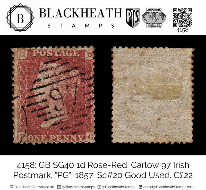 4158: GB SG40 1d Rose-Red. Carlow 97 Irish Postmark. PG. 1857. Sc#20 Good U...