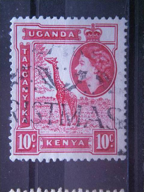 KENYA, UGANDA, TANZANIA,  1954 used 10c , Giraffe, Scott 104