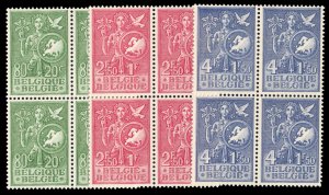 Belgium #B544-546 Cat$270, 1953 Allegory, set of three in blocks of four, nev...