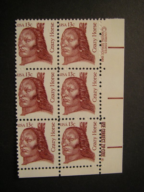 Scott 1855, 13c Crazy Horse, Zip code block of 6 LR, MNH Great Americans