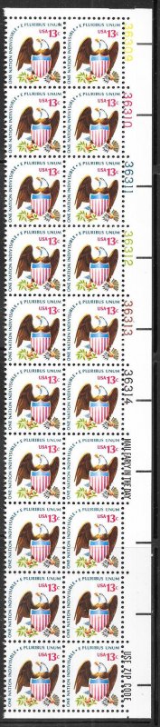 US#1596- 13c  Eagle & Shield -Plate Block of 20 CV $6.00