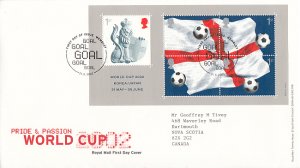 Great  Britain 2002 FDC Sc #2056 Sheet of 5 World Cup 2002 Soccer balls, Flag